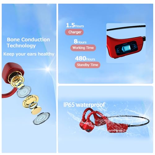 Bone Conduction Headphones Bluetooth Open Ear Earbuds Wireless Headset Bluetooth Titanium Lightweight Waterproof for Workout Running Hiking Walking Bicycling - color: Red