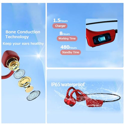 Bone Conduction Headphones Bluetooth Open Ear Earbuds Wireless Headset Bluetooth Titanium Lightweight Waterproof for Workout Running Hiking Walking Bicycling - color: Red