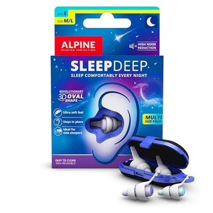 Alpine SleepDeep Reusable Earplugs for Sleeping | Earbuds for Side Sleepers | 2 Pack (S/L) 27dB SNR |Soft Ear Plugs For Noise Reduction|Silicone-Free| Ear Protection |Travel Essentials Airplane - style: S + L