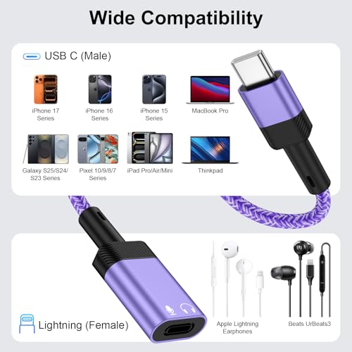 USB C to Lightning Adapter,iPhone 17e Headphone Adapter for iPhone 17e,17,Air,17 Pro,17 Pro Max,16 15 Pro Max Plus,USB C Male to Lightning Female Earbuds Adaptor Dongle Earphone Converter (NO CHARGE) - color: Purple