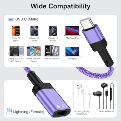USB C to Lightning Adapter,iPhone 17e Headphone Adapter for iPhone 17e,17,Air,17 Pro,17 Pro Max,16 15 Pro Max Plus,USB C Male to Lightning Female Earbuds Adaptor Dongle Earphone Converter (NO CHARGE) - color: Purple