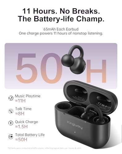 Kinglucky Clip On Earbuds for Small Ears, Open Ear Comfort for Running | 4g Ultra-Light, Upgraded 50H Battery, Physical Button (No Accidental Touch), ENC Clear Calls, IPX6, Bluetooth 6.0 - color: Black Upgrade