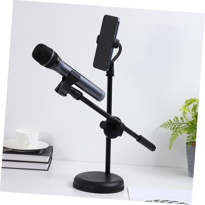 Luxshiny Desktop Mic Stand Adjustable Tabletop Microphone Stand with Mic Clip Holder Phone Clip Holder Metal Adapter Round Base for Home Recording Podcasting Broadcasting