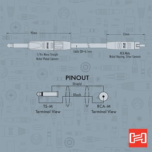 Hosa HPR-020 Pro Unbalanced Interconnect, REAN 1/4" TS to RCA, 20 Feet - size: 20 Feet, style: HPR-020