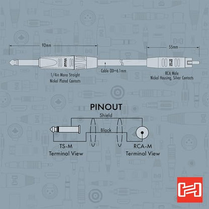 Hosa HPR-020 Pro Unbalanced Interconnect, REAN 1/4" TS to RCA, 20 Feet - size: 20 Feet, style: HPR-020