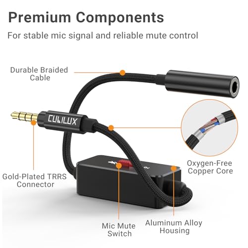 3.5mm TRRS Microphone Mute Switch Adapter, CTIA Inline Slide (Male to Female), Mic Signal Only (Not for Headphones/Audio), for TRRS Lavalier Mic, Smartphone/Laptop/PC