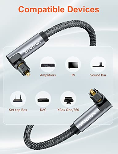 VANAUX Double 90 Degree Optical Cable, 3.2ft SPDIF Audio Optical Cable, 360 Degree Rotatable L Shaped Right Angle Digital Toslink Male to Male Cable for Sound Bar, TV, Game Consoles(1m/3.2ft) - size: 3.2 ft (1 m), style: Double 90°