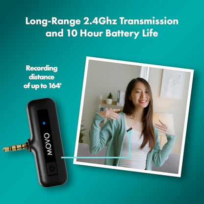 Movo Wireless Mini Camera Microphone for Video Recording- 2.4Ghz Wireless Transmitter with Clip on Lavalier Microphone for DSLR, Mirrorless Camera- Compact Lapel Mic (164FT Range, 10-Hr Battery Life) - style: 1 Transmitter