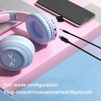 Cat-Ear Wireless Headphones Bluetooth 5.3 Over the Ear Headphones with RGB Light Built-in Mic Foldable Fashionable Stereo Headset Support TF Card for Gaming Travel PC Phone iPad（Ice Blue） - color: Ice Blue