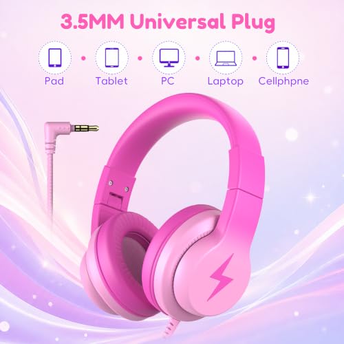 Candy Bila Wired Kids Headphones for School, Over-Ear for Boys Girls | Volume Limiter 85/94dB, HD Stereo Sound, Microphone and Wired Control, Foldable Design, Gradient Deep Pink - color: Gradient Deep Pink