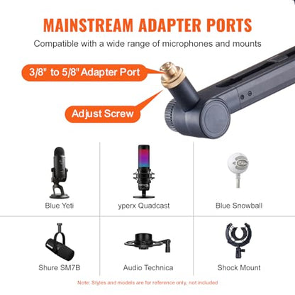VEVOR Microphone Boom Arm, Adjustable Mic Stand with Cable Management, Desk Mount Clamp, Detachable Extension Rod, 3/8" to 5/8" Adapter, for Recording Studio Streaming Gaming Blue Yeti SM7B Audio - style: Mic Boom Arm + Extension Rod