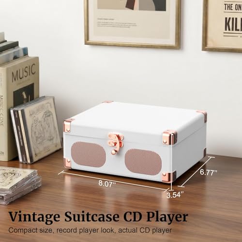 RetroAudio CD Player with Speakers Retro Portable CD Players for Home Music Player with Remote Control,V5.4 Bluetooth in&Out Desktop Suitcase CD Player with AUX in, Headphone Jack,USB Playback，White - color: White