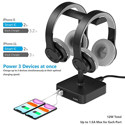 KAFRI Dual Headphone Stand with USB Charger Desk Gaming Double Headset Holder Hanger Rack with 2 USB Charging Port and 2 Outlet - Suitable for Gamer Desktop Table Game Earphone Accessories Gift - color: Black pro
