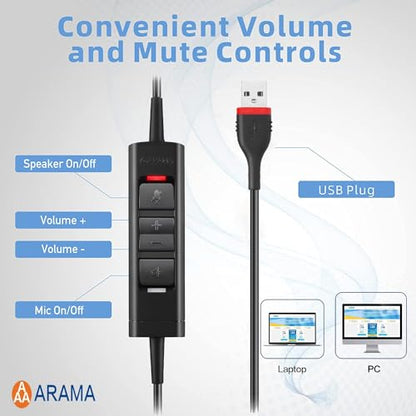 Arama USB Headset with Microphone for PC, Computer Laptop Headphones with Noise Cancelling Mic & Audio Controls for Home Office Business Skype UC Webinar Zoom | Plug & Play, Lightweight, Audio Control, for Laptop Pc Business Skype UC Webinar Call Center O
