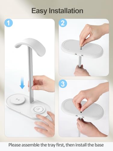 TopMade 5-in-1 Headphone Stand for Desk with Wireless Charger & USB Charger for iPhone/AirPods/iWatch/Samsung, Universal Desktop Headset Stand for AirPods Max, Bose, Beats and More, White