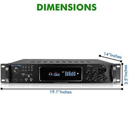 1500 Watt Bluetooth Home Stereo Amplifier, Digital Hybrid Multi Channel | Preamp, Tuner with USB and SD Inputs, 2 Mic Inputs, AM/FM digital tuner, Wireless Remote, Bass & Treble Controls