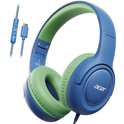 Acer USB‑C Kids Headphones for School, 85‑94dB Limiter, w/Mic HK03C | Foldable Wired Over Ear Headphones, for Toddler School/Travel/iPad/Tablet, Blue‑Green - color: USB-C Green Blue