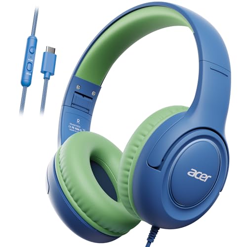 Acer USB‑C Kids Headphones for School, 85‑94dB Limiter, w/Mic HK03C | Foldable Wired Over Ear Headphones, for Toddler School/Travel/iPad/Tablet, Blue‑Green - color: USB-C Green Blue