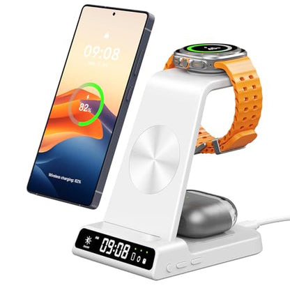 Wireless Charger for Samsung S26 Ultra, Galaxy Watch 9/Ultra 2/8/Buds4 Pro | for Samsung S26+/S25 Ultra/S25/Z Flip8/S24/S23/S22, Galaxy Watch 8/Ultra/7/6/5, Galaxy Buds4 Pro, Space-saving, LED Clock - color: White