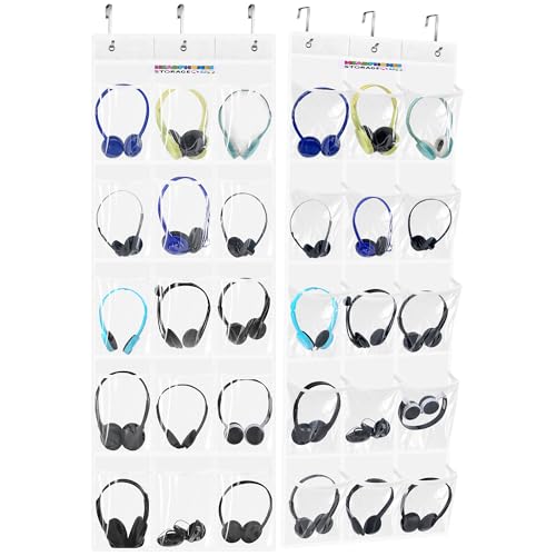 4-pack classroom headphone storage box, classroom organization, white | 60 Bags Clear PVC Door Charts with 124 Labels for Headphones and Cell Phones, Headphone Storage Classroom, Organization - size: 4 Pack