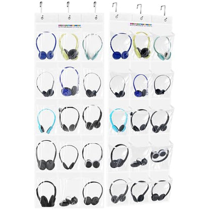 4-pack classroom headphone storage box, classroom organization, white | 60 Bags Clear PVC Door Charts with 124 Labels for Headphones and Cell Phones, Headphone Storage Classroom, Organization - size: 4 Pack