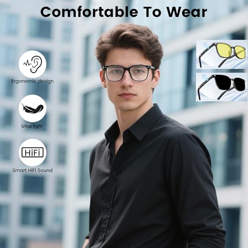 Magnetic Clip-On Bluetooth Glasses, 3-in-1 Interchangeable Lenses (Blue Light, UV400, Night Vision) Smart Audio Eyewear, Built-in Mic & Speaker, Clear Calling for Driving Music Work