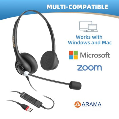 Arama Dual USB Headset with Microphone for PC, Computer, Laptop, USB-A/C | Noise-canceling Mic, Plug-and-play, Soft Ear Cushions, Lightweight, Stereo Sound, Wide Compatibility with PC/Laptop/Computer