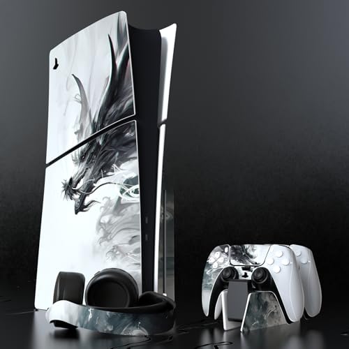 PlayVital Full Set Skin Sticker for ps5 Slim Console Disc Edition (The New Smaller Design), Vinyl Skin Decal Cover for ps5 Controller & Headset & Charging Station - Ink Spirit Dragon | Vinyl sticker, protective film for PS5 controller, charging station, h
