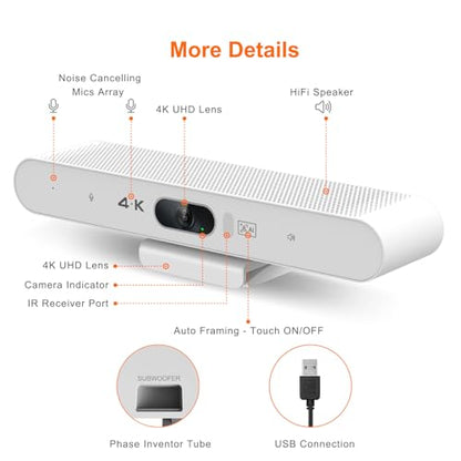 4K Video Conference Room Camera System with Remote Control, AI Auto Framing&Focus, Speaking Tracking, Digital Zoom, Webcam with Microphone and Speaker for Windows TV/PC/Laptop/Zoom/Teams/Skype - color: White