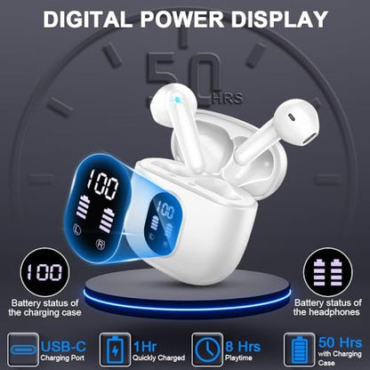 Wireless Earbuds, Bluetooth 5.4 Headphones 50H Playback Bass Stereo Ear Buds with 4 ENC Cancelling Mics, in-Ear Earphones with LED Display, IP7 Waterproof USB-C for Laptop Pad Phones Workout Rose Gold - color: pure white