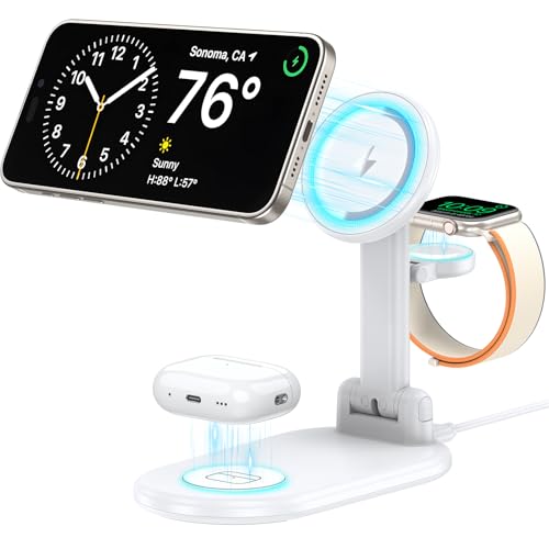Magnetic Wireless Charger Mag-Safe 3 in 1 Charging Station Foldable | 15W Max Wireless Charging Stand for iPhone 17/16/15/14/13/12, Fast Travel Charger for Multiple Devices iWatch Airpods (White)