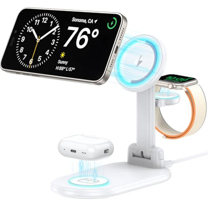 Magnetic Wireless Charger Mag-Safe 3 in 1 Charging Station Foldable | 15W Max Wireless Charging Stand for iPhone 17/16/15/14/13/12, Fast Travel Charger for Multiple Devices iWatch Airpods (White)