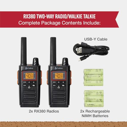 Cobra RX380 Walkie Talkies (2-Pack), 40 Pre-Programmed Channels | Weather Resistant Two Way Radios Long Range, Weather Alerts, LED Flashlight, Long-Life NiMH Batteries (Black) - style: RX380