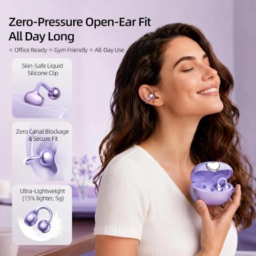 Clip-On Earbuds Bluetooth 6.0 Open Ear Headphones, 6H Playtime Wireless Ear Buds for Women Small Ears, Lightweight Clip for Glasses & Running, IPX7 Waterproof,Purple - color: Purple