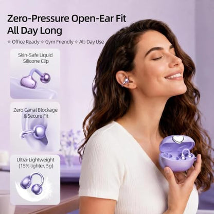 Clip-On Earbuds Bluetooth 6.0 Open Ear Headphones, 6H Playtime Wireless Ear Buds for Women Small Ears, Lightweight Clip for Glasses & Running, IPX7 Waterproof,Purple - color: Purple