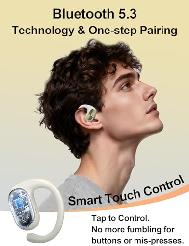 OBT-020 Open Ear Headphones, Bluetooth 5.3 Open Ear Earbuds Stereo Deep Bass, IPX5 Waterproof, 55H Playtime, Lightweight Comfort Wireless Earbuds Fit Sports, Running, Cycling, Workout, White