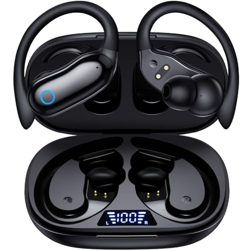 GNMN Active Noise Cancelling Ear Buds Wireless Earbuds 96hrs Playback Bluetooth Headphones Dual Battery Display Stereo Bass Earphones with Earhooks Microphone IPX7 Waterproof for Sports/Runing/Workout