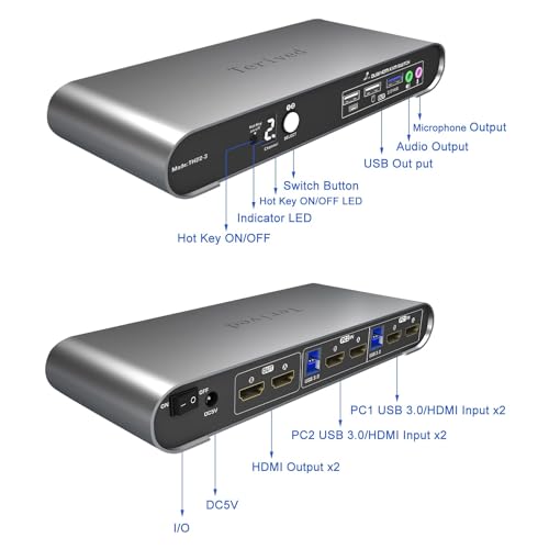 2 Computers 2 HDMI Monitors KVM Switch 4K@60Hz, Hotkey Switching, EDID, Audio and Microphone, Aluminum Alloy Shell,Digital Display, Dual Monitor USB 3.0 Hub, HDR10 with Cables - style: 2 PCs 2 HDMI Monitors 4K60