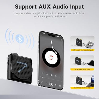 7RYMS WA2 Wireless Voice Amplifier for Teachers with Magnetic Lavalier Mic, Wireless Portable Amplifier with Noise Canceling, Mini Voice Amplifier for Classroom, Meeting, Training, Speech (Black) - color: Black