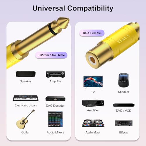 J&D RCA to 1/4 Audio Adapter 4-Pack, 6.35mm Mono Plug Male to RCA Female Connector, Gold-Plated Guitar Connectors, Yellow - color: Yellow
