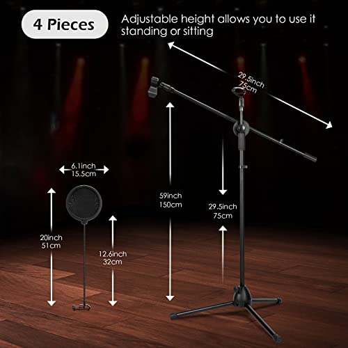 Sherr 4 Pcs Tripod Microphone Stand Adjustable Boom Height Mic Stand with Mic Clip and Windscreen for Live Stream, Singing, Stage Performance, Studio, Max Height 60 Inch