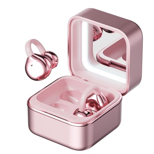 Wireless Earbuds with LED Makeup Mirror Case, Bluetooth 6.0 Open Ear Clip-On Headphones, Cute Pink Air Conduction Earphones for Women, Low Latency, Secure Fit for Running & Travel - color: Pink