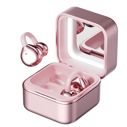Wireless Earbuds with LED Makeup Mirror Case, Bluetooth 6.0 Open Ear Clip-On Headphones, Cute Pink Air Conduction Earphones for Women, Low Latency, Secure Fit for Running & Travel - color: Pink