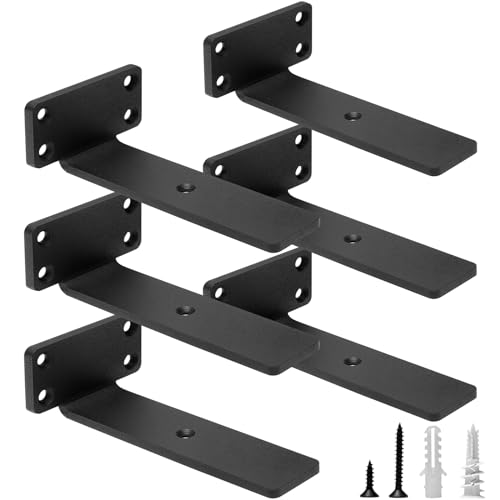 HITOMEN Heavy Duty Floating Shelf Brackets, 6-Inch (1/5'' Thick) Hidden Shelves Hardware, Cast Iron L Brackets, Rustic Industrial Black Metal Wall Shelving Supports, 6 Pack - size: 6 Inch, style: 6 Pack