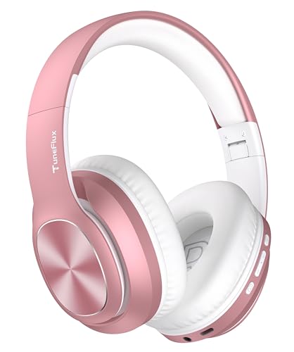 TuneFlux Wireless Bluetooth Headphones Over Ear, 80H Playtime, 3EQ Sound Modes, HiFi Stereo Headphones with Deep Bass, Foldable Bluetooth 5.3 Headsets for Smartphone/PC/Computer-Rose Gold - color: Rose Gold