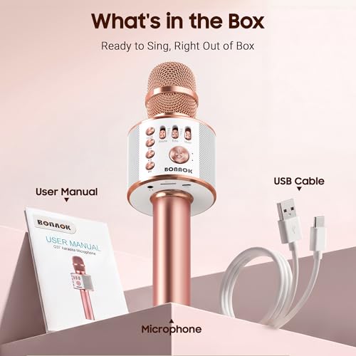 BONAOK Wireless Bluetooth Karaoke Microphone,3-in-1 Portable Handheld Karaoke Mic Speaker Machine Home Party Birthday for All Smartphones PC(Q37 Rose Gold) | Bluetooth 5.0, Echo Mode,Built-in Speaker, SD Card, for iPhone iPad, Handheld,Home Karaoke,Party,