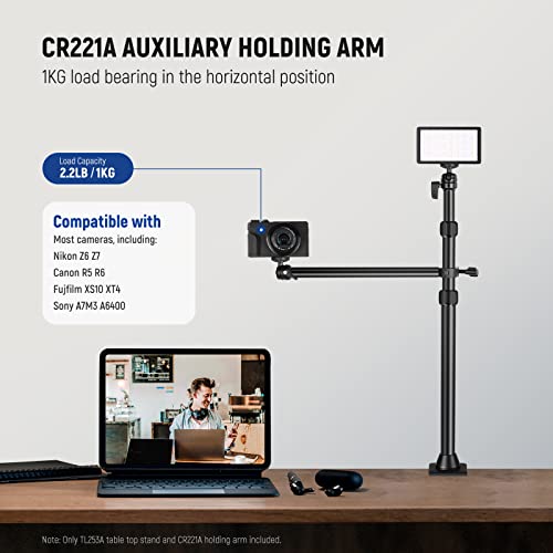 NEEWER Camera Desk Mount with Overhead C Amera Mounting Arm and 1/4" Ball Head, 17" - 41" Adjustable Tabletop Light Stand with C Clamp for DSLR Camera, Ring Light, Webcam, Photo Video Shooting - style: TL253A+CR221A