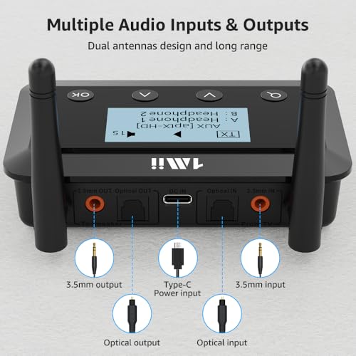 1Mii B03+ Bluetooth 5.3 Transmitter Receiver for TV Home Stereo | LCD Screen, aptX Adaptive/Low Latency/HD, Dual Link, Wireless Audio Adapter with Optical/RCA/3.5mm AUX, Soundbar Passthrough