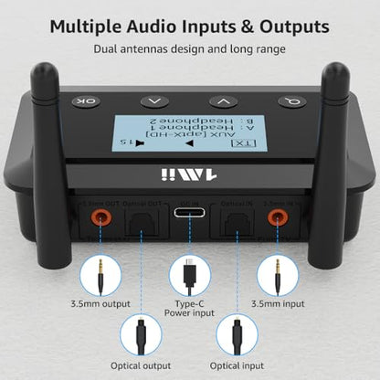 1Mii B03+ Bluetooth 5.3 Transmitter Receiver for TV Home Stereo | LCD Screen, aptX Adaptive/Low Latency/HD, Dual Link, Wireless Audio Adapter with Optical/RCA/3.5mm AUX, Soundbar Passthrough
