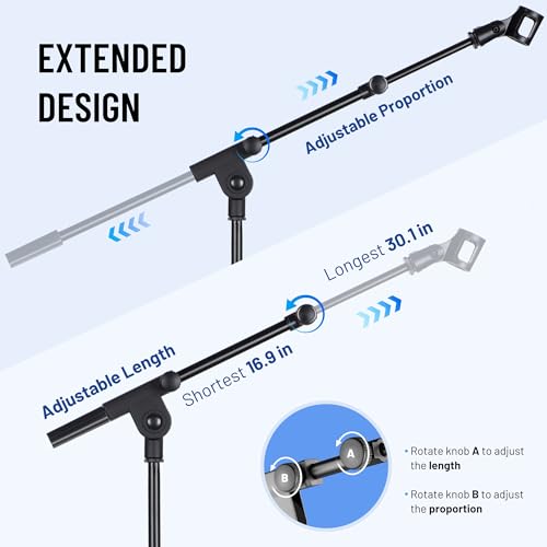 CAHAYA Mic Stand Floor Adjustable - Tripod Boom Arm Microphone Stand with Carrying Bag 2 Mic Clips 3/8" to 5/8" Adapter for Singing Podcast Compatible with Blue Yeti Shure SM58 SM48 Fifine K669B - color: Black, style: Standard Version